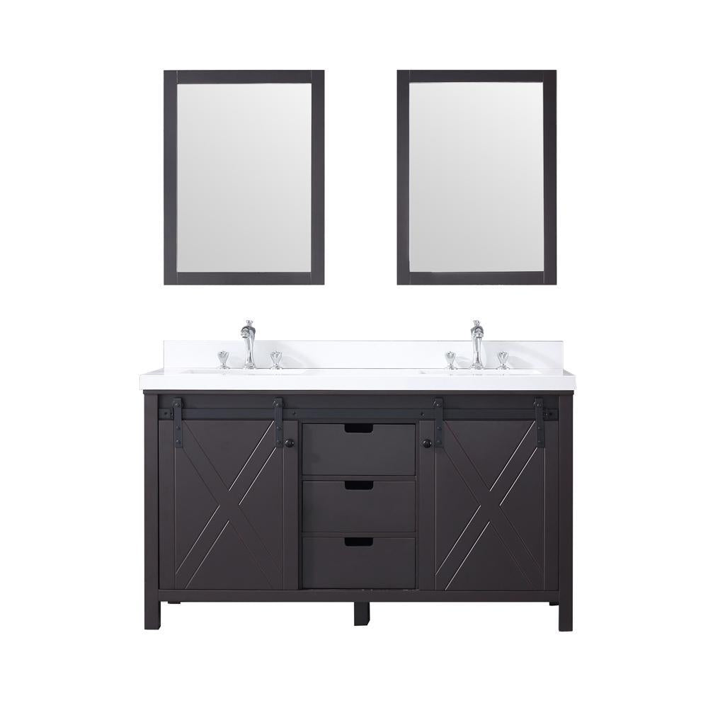 60" Brown Double Vanity, White Quartz Top, Square Sinks, 24" Mirrors