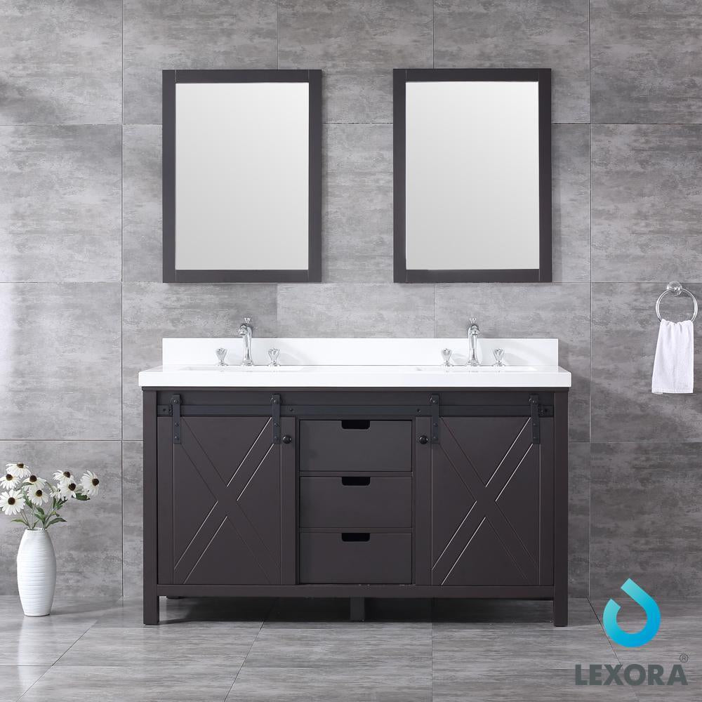 60" Brown Double Vanity, White Quartz Top, Square Sinks, 24" Mirrors