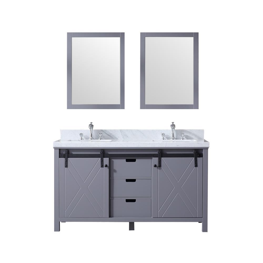 60" Dark Grey Double Vanity, White Carrara Marble Top, Square Sinks, 24" Mirrors