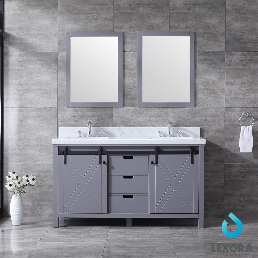 60" Dark Grey Double Vanity, White Carrara Marble Top, Square Sinks, 24" Mirrors