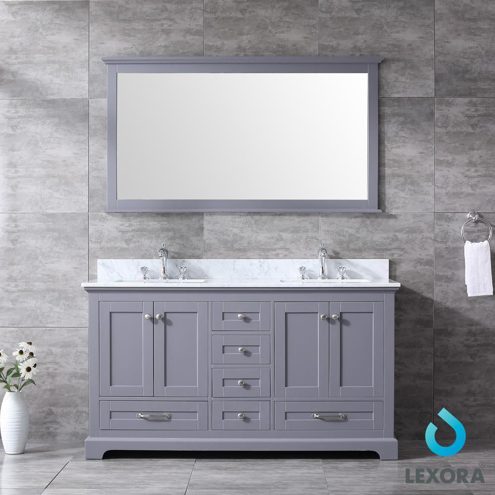 60" Dark Grey Double Vanity, White Carrara Marble Top, Square Sinks, 58" Mirror