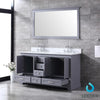 60&quot; Dark Grey Double Vanity, White Carrara Marble Top, Square Sinks, 58&quot; Mirror