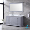 60&quot; Dark Grey Double Vanity, White Carrara Marble Top, Square Sinks, 58&quot; Mirror