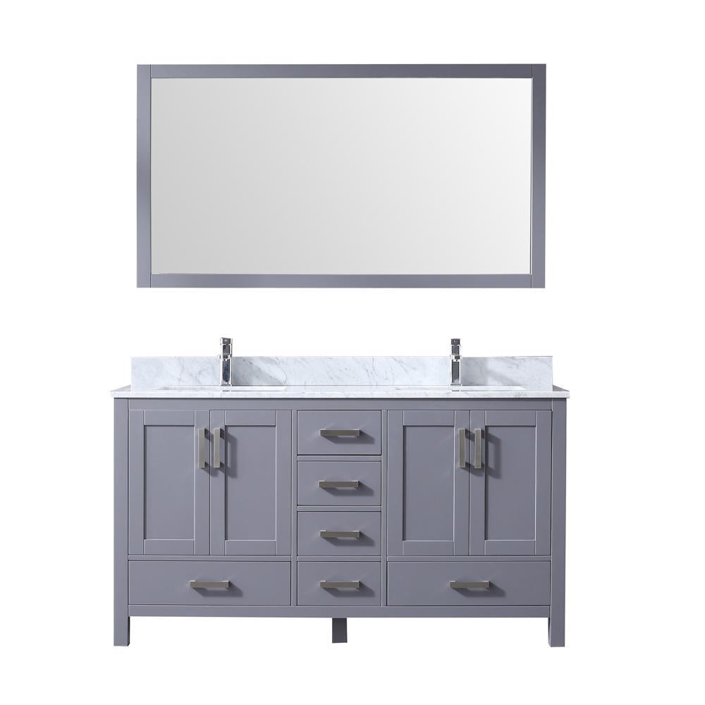 60" Dark Grey Double Vanity, White Carrara Marble Top, Square Sinks, 58" Mirror