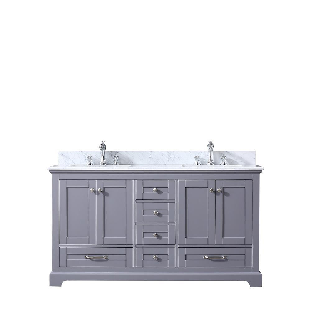 60" Dark Grey Double Vanity, White Carrara Marble Top, Square Sinks, no Mirror