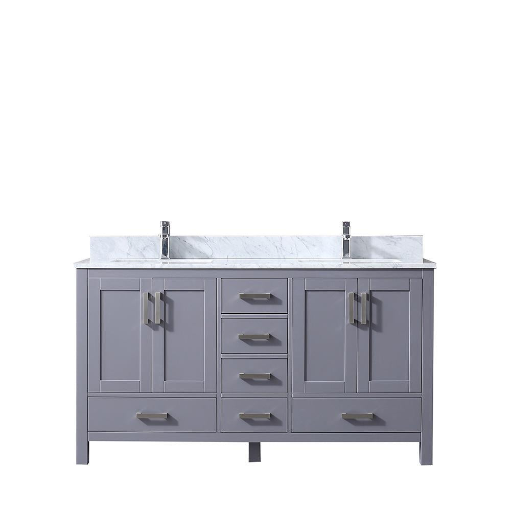 60" Dark Grey Double Vanity, White Carrara Marble Top, Square Sinks, no Mirror