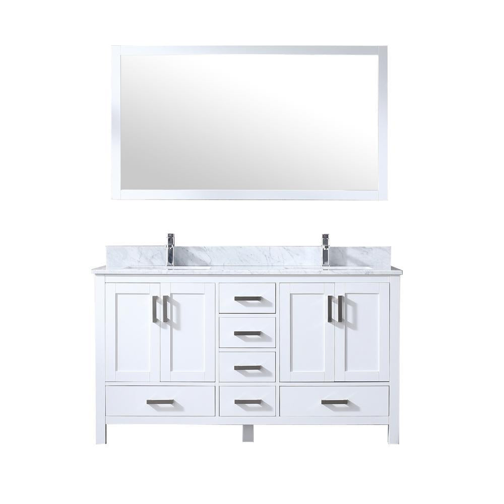 60" White Double Vanity, White Carrara Marble Top, Square Sinks, 58" Mirror