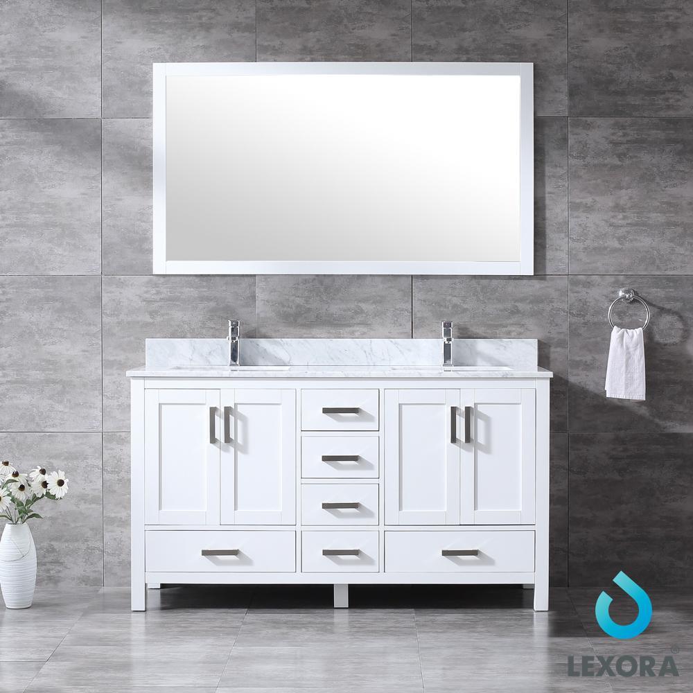 60" White Double Vanity, White Carrara Marble Top, Square Sinks, 58" Mirror