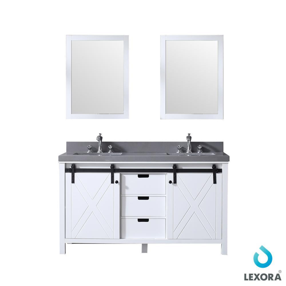 60" White Double Vanity White, Grey Quartz Top, Square Sinks, 24" Mirrors