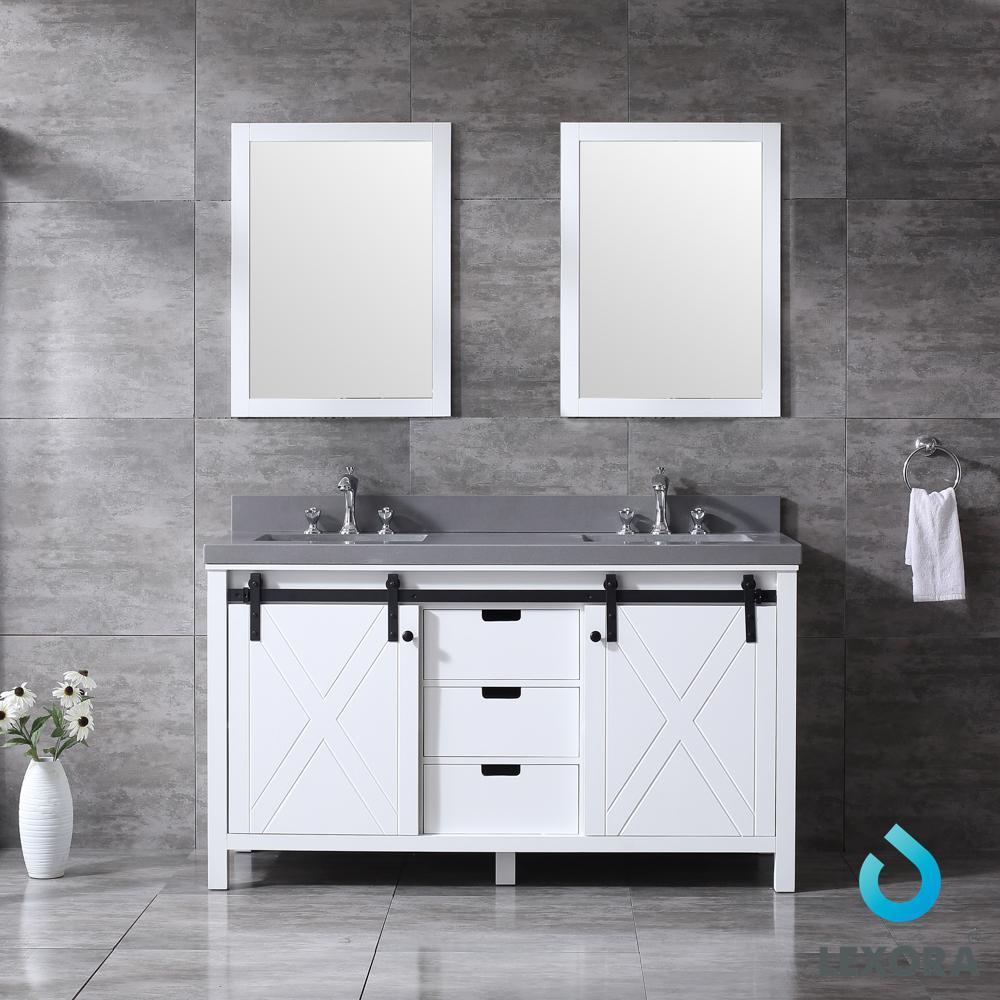 60" White Double Vanity White, Grey Quartz Top, Square Sinks, 24" Mirrors