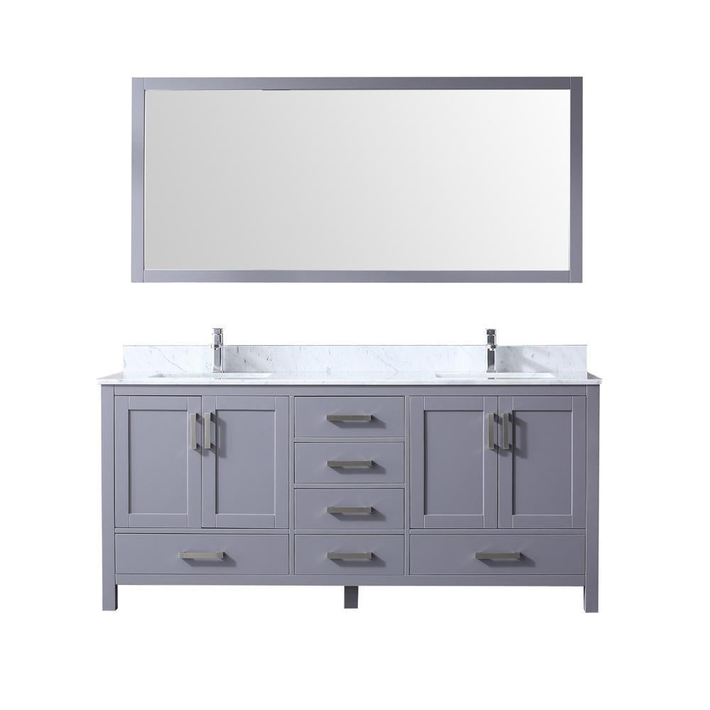 72" Dark Grey Double Vanity, White Carrara Marble Top, Square Sinks, 70" Mirror