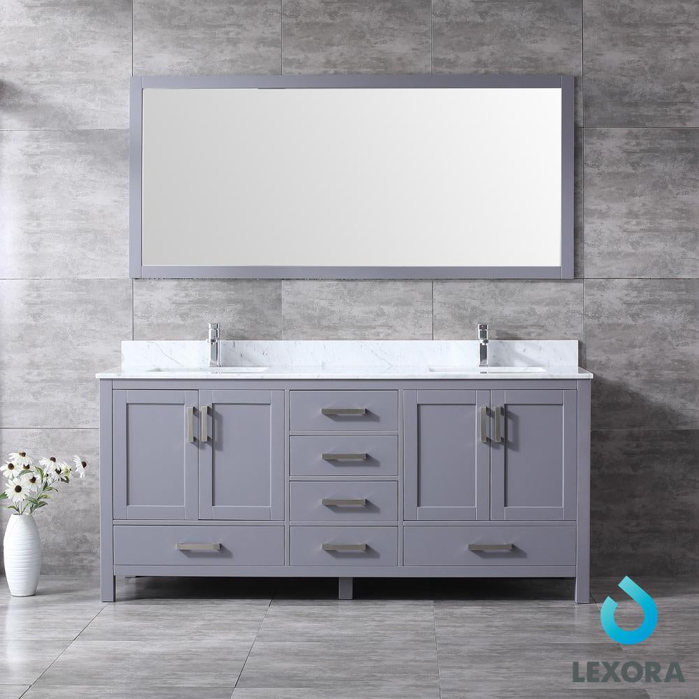 72" Dark Grey Double Vanity, White Carrara Marble Top, Square Sinks, 70" Mirror