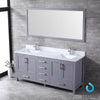 72&quot; Dark Grey Double Vanity, White Carrara Marble Top, Square Sinks, 70&quot; Mirror