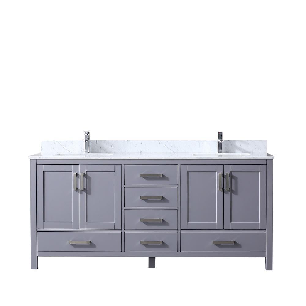 72" Dark Grey Double Vanity, White Carrara Marble Top, Square Sinks, no Mirror