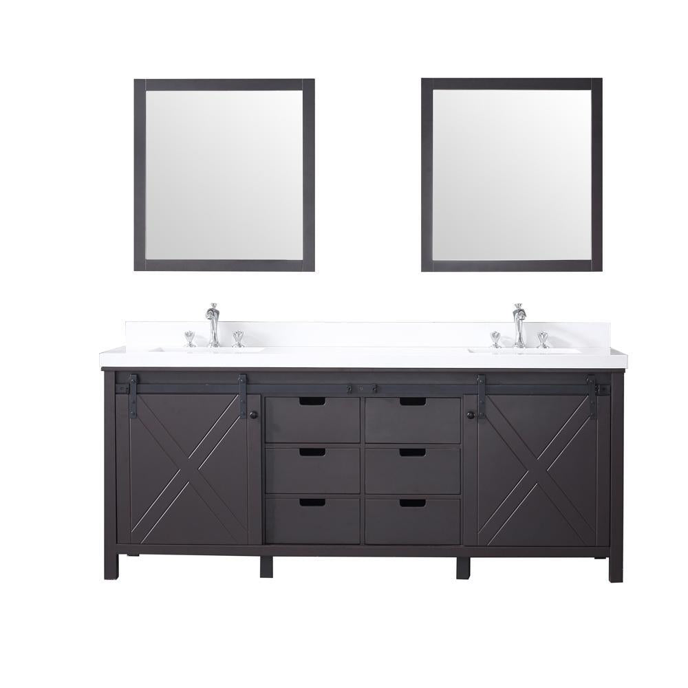 80" Brown Double Vanity, White Quartz Top, Square Sinks, 30" Mirrors