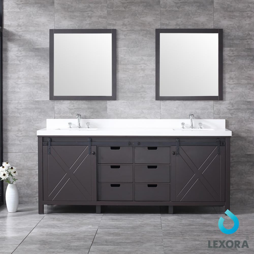 80" Brown Double Vanity, White Quartz Top, Square Sinks, 30" Mirrors