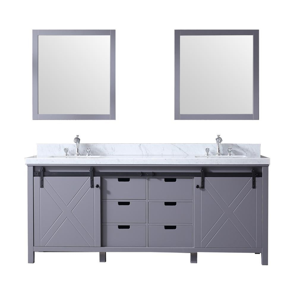 80" Dark Grey Double Vanity, White Carrara Marble Top, Square Sinks, 30" Mirrors