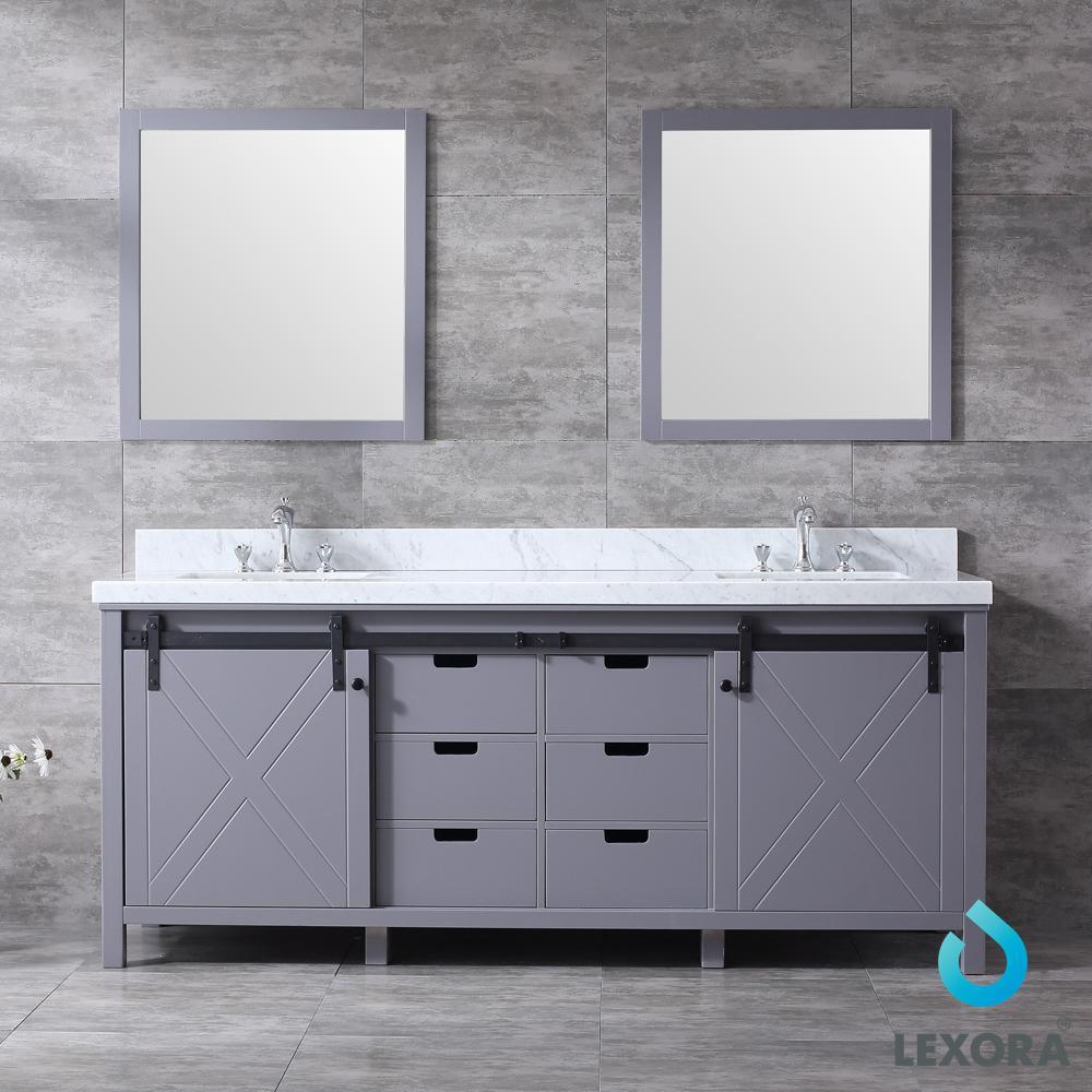 80" Dark Grey Double Vanity, White Carrara Marble Top, Square Sinks, 30" Mirrors