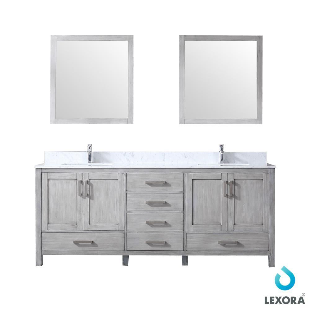 80" Grey Double Vanity, White Carrara Marble Top, Square Sinks, 30" Mirrors