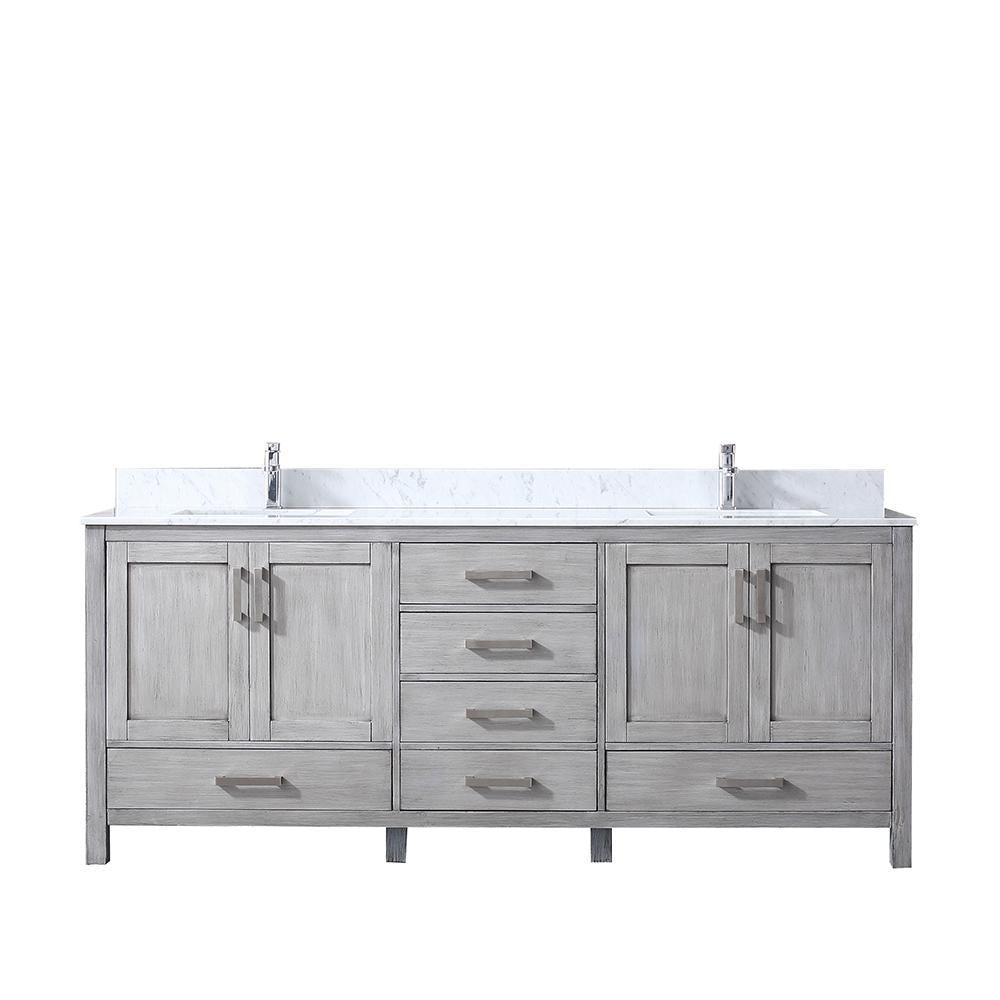 80" Grey Double Vanity, White Carrara Marble Top, Square Sinks, no Mirror