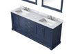 80&quot; Navy Blue Double Vanity, White Carrara Marble Top, White Square Sinks and 30&quot; Mirrors