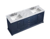 80&quot; Navy Blue Double Vanity, White Carrara Marble Top, White Square Sinks and no Mirror