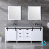 80&quot; White Double Vanity, Grey Quartz Top, Square Sinks, 30&quot; Mirrors