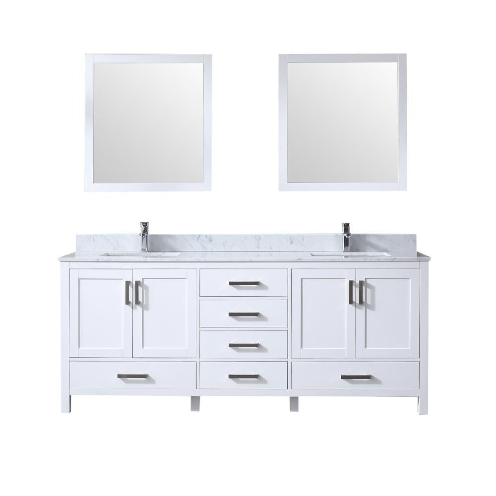 80" White Double Vanity, White Carrara Marble Top, Square Sinks, 30" Mirrors