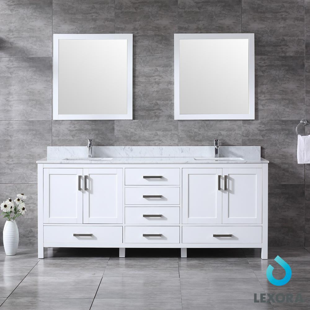 80" White Double Vanity, White Carrara Marble Top, Square Sinks, 30" Mirrors