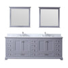 84&quot; Dark Grey Double Vanity, White Carrara Marble Top, Square Sinks, 34&quot; Mirrors