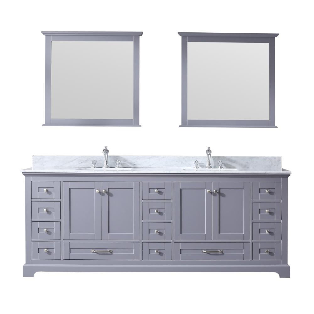 84" Dark Grey Double Vanity, White Carrara Marble Top, Square Sinks, 34" Mirrors