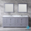 84&quot; Dark Grey Double Vanity, White Carrara Marble Top, Square Sinks, 34&quot; Mirrors