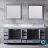 84&quot; Dark Grey Double Vanity, White Carrara Marble Top, Square Sinks, 34&quot; Mirrors