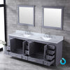 84&quot; Dark Grey Double Vanity, White Carrara Marble Top, Square Sinks, 34&quot; Mirrors