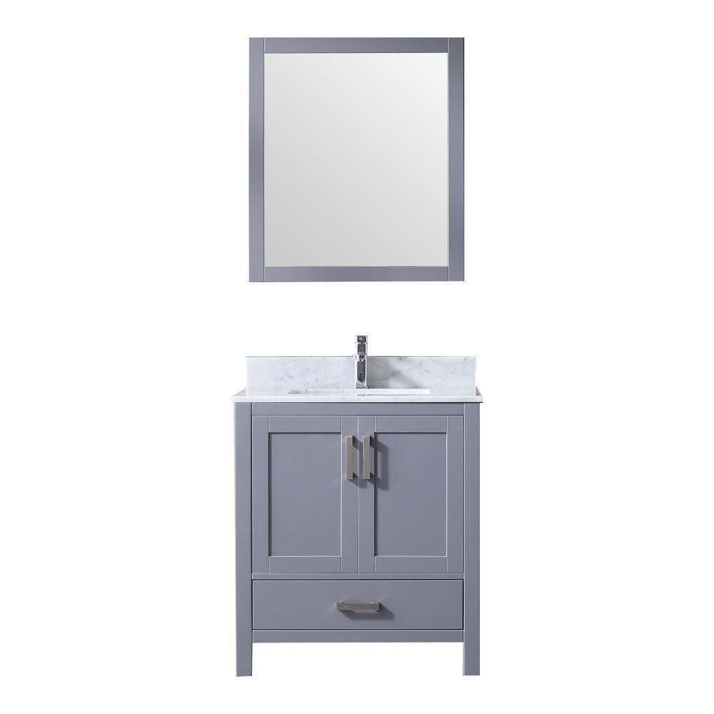 30" Dark Grey Single Vanity, White Carrara Marble Top, Square Sink, 28" Mirror