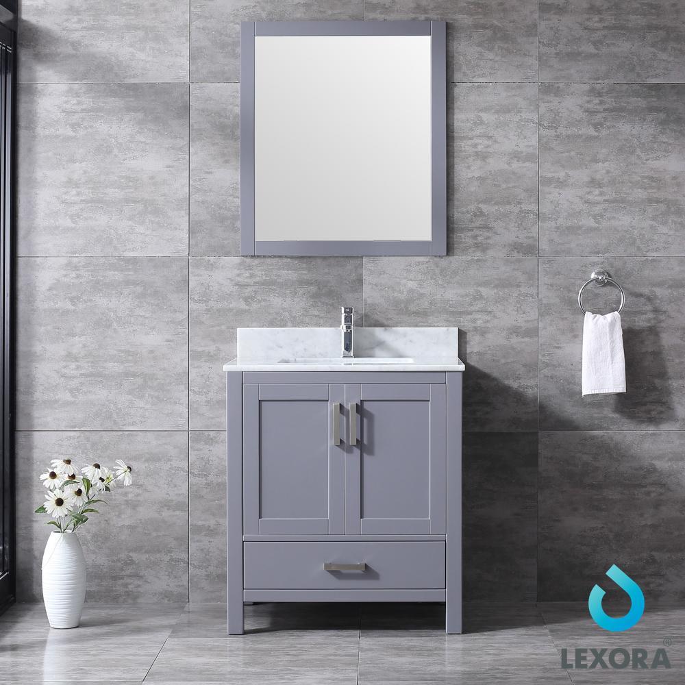 30" Dark Grey Single Vanity, White Carrara Marble Top, Square Sink, 28" Mirror