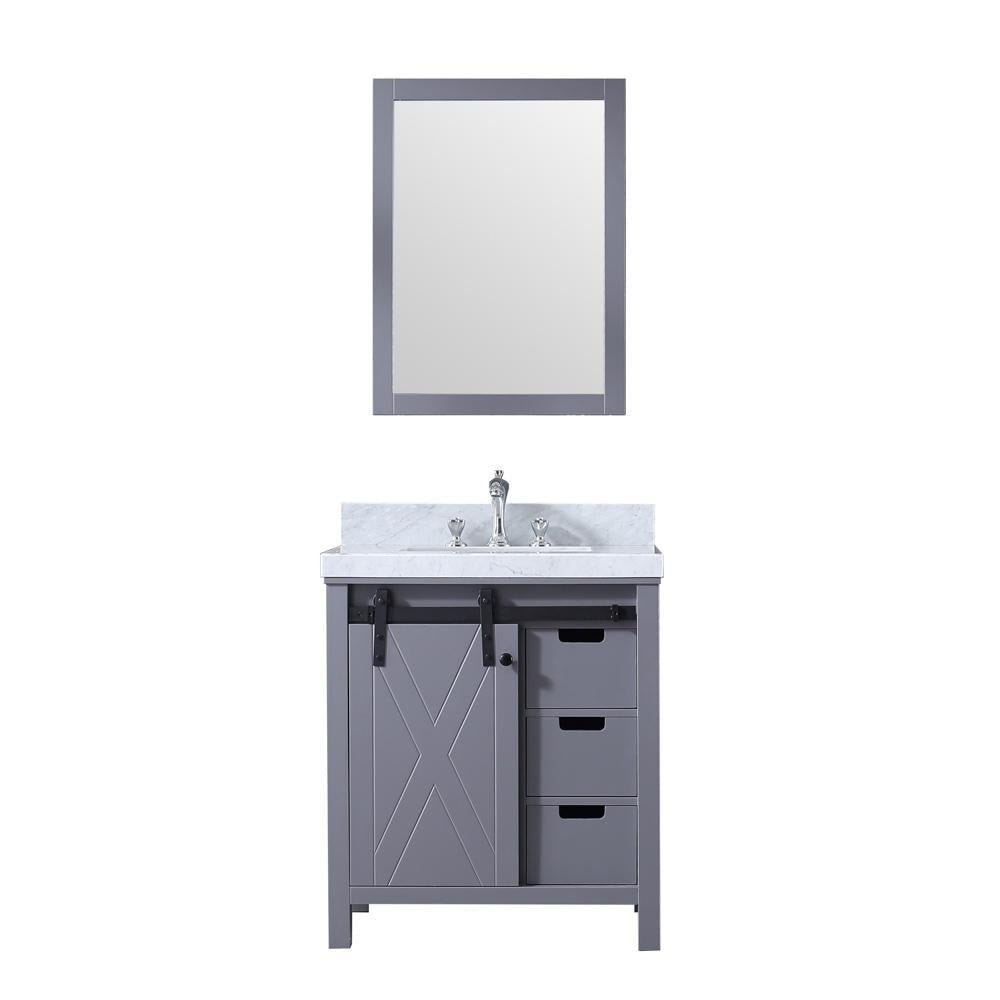 30" Dark Grey Single Vanity, White Carrara Marble Top, Square Sink, 28" Mirror