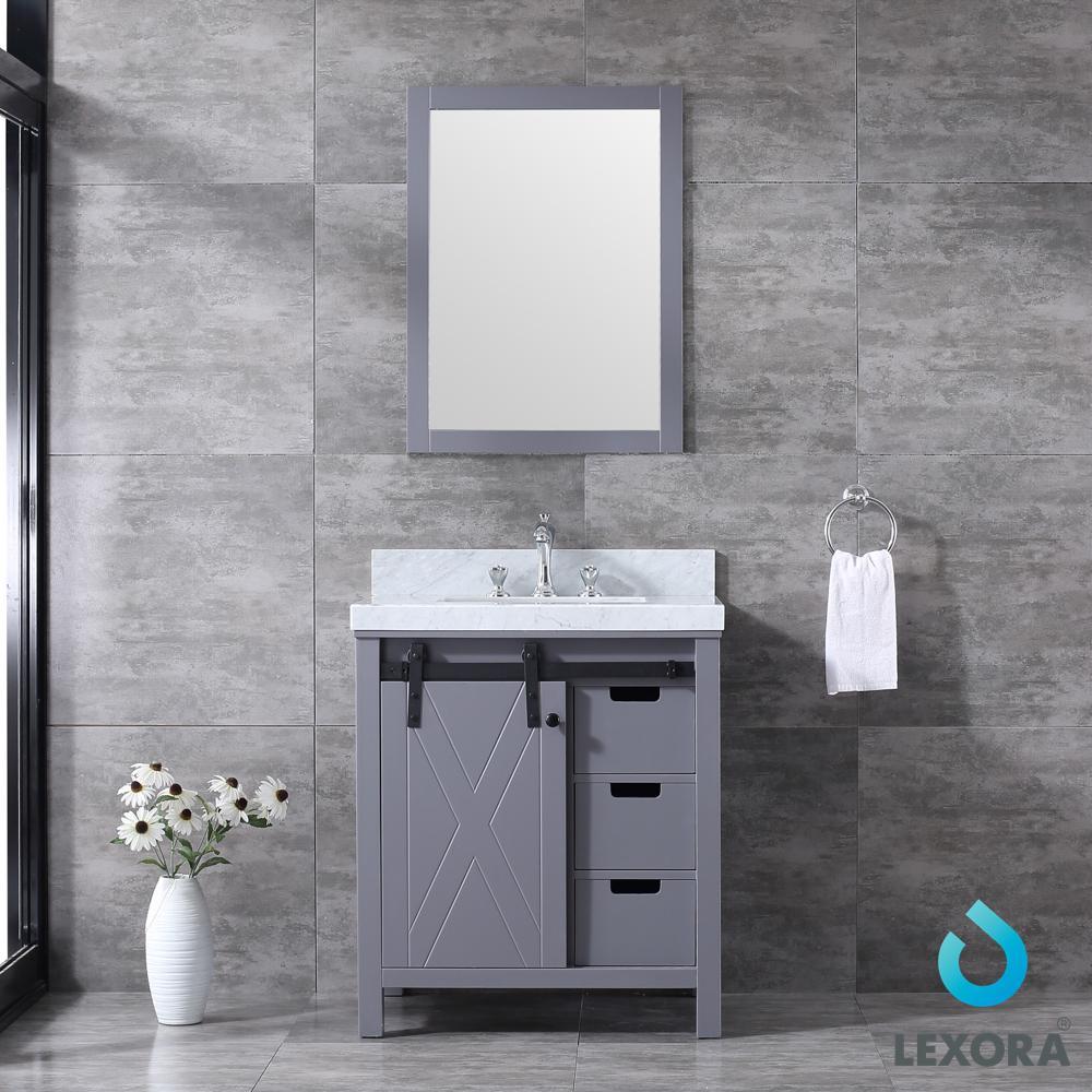 30" Dark Grey Single Vanity, White Carrara Marble Top, Square Sink, 28" Mirror