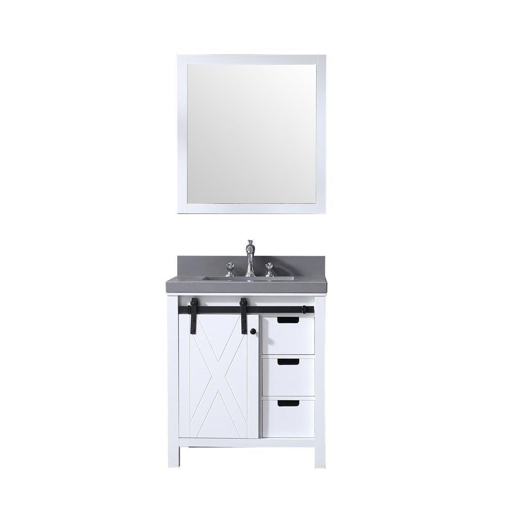 30" White Single Vanity, Grey Quartz Top, Square Sink, 28" Mirror