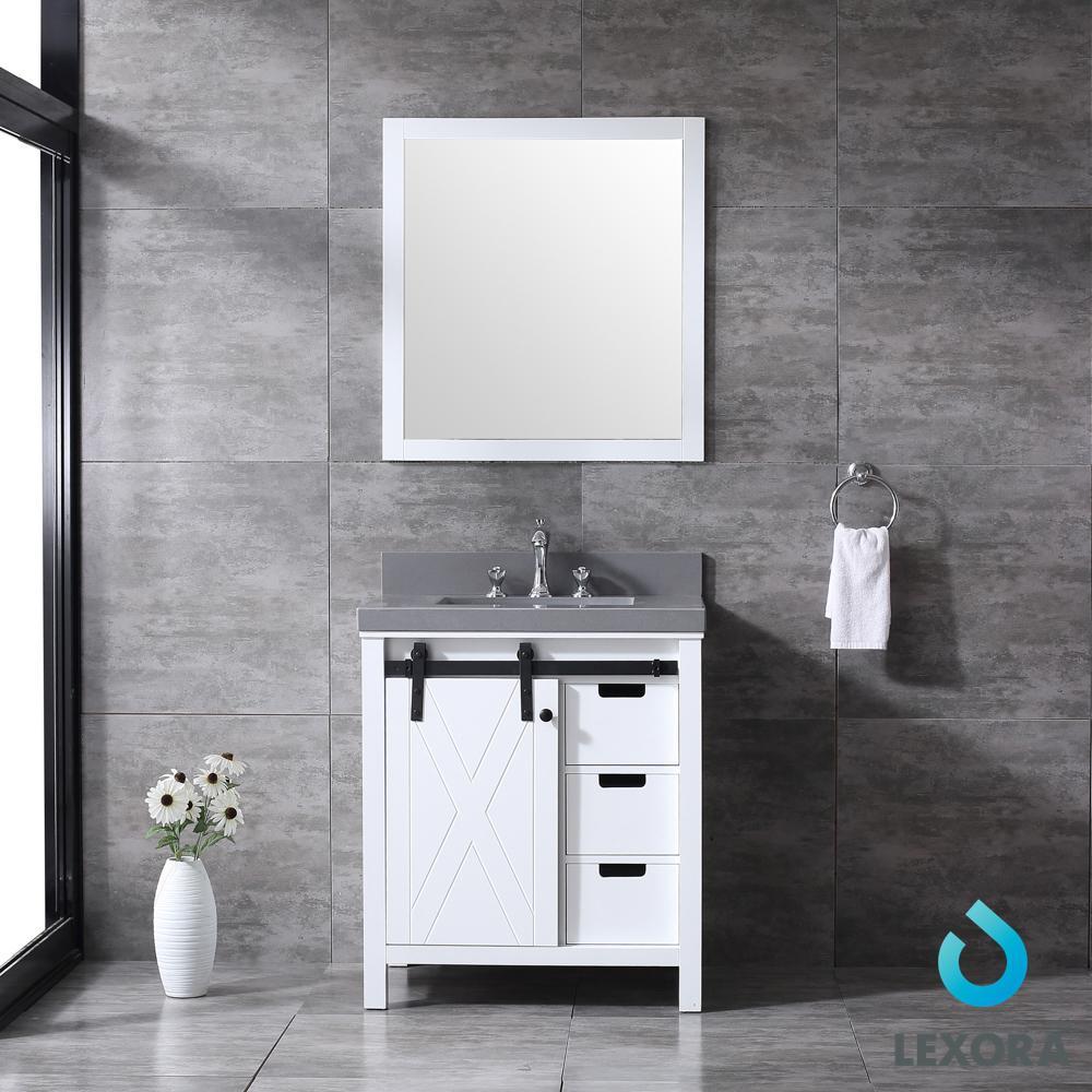 30" White Single Vanity, Grey Quartz Top, Square Sink, 28" Mirror