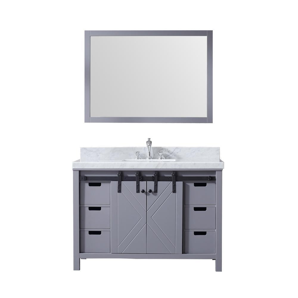 48" Dark Grey Single Vanity, White Carrara Marble Top, Square Sink, 44" Mirror