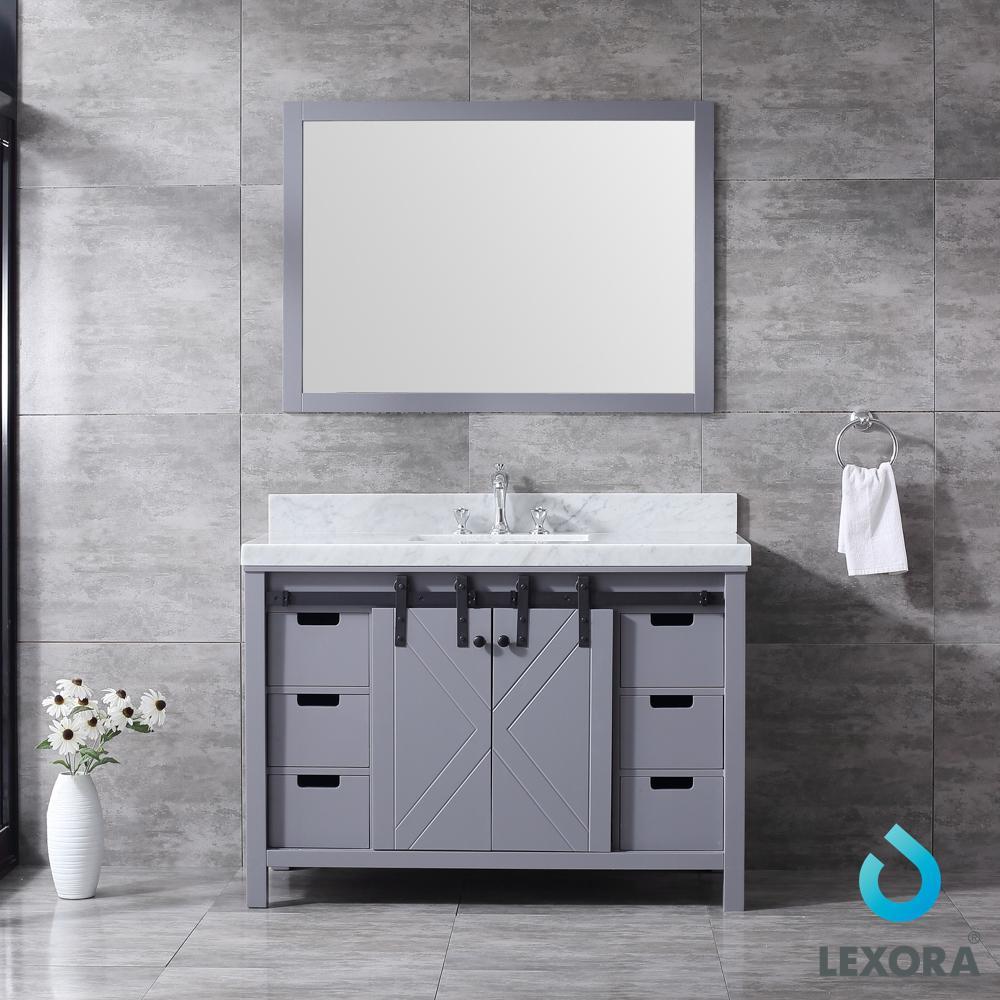 48" Dark Grey Single Vanity, White Carrara Marble Top, Square Sink, 44" Mirror